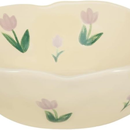 Salad Bowls, Cute Purple Tulip Flower Ceramic Bowls, Cream Yellow Serving Bowl for Pasta, Cereal, Fruit, Soup, Rice, Dishwasher and Microwave Safe (Purple Tulip Set of 1)