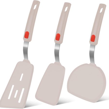 Silicone Spatula Turner Set of 3, 600??F Heat Resistant Nonstick Turner Spatulas for Kitchen Use, Large Flexible Silicone Cooking Utensils Rubber Spatula Set for Egg, Pancake, Fish (Khaki)