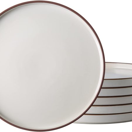 Dinner Plates,10.25 Inch Ceramic Flat Plates Set of 6,High Edge Modern plates for Kitchen,Microwave & Dishwasher & Oven Safe, Scratch Resistant Dishes Set-White with Rim