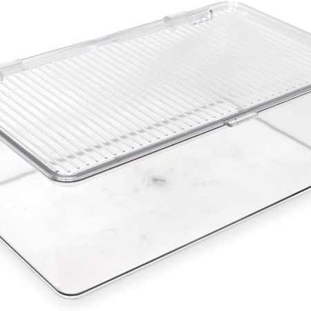 Medium Stackable Organizer Bin (10.75??x6.5??x3.7??) w/ Hinged Lid, Clear Storage Box, Home, Office, School, Fridge, Bathroom, Kitchen, Pantry Container, BPA-Free, Food Safe (Medium, Clear)