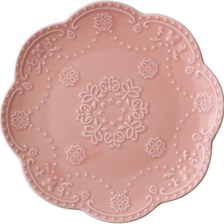 Elegant Round Embossed Lace Plate, Ceramic Serving Plate for Breakfast Afternoon Tea (Pink, 6-inch)