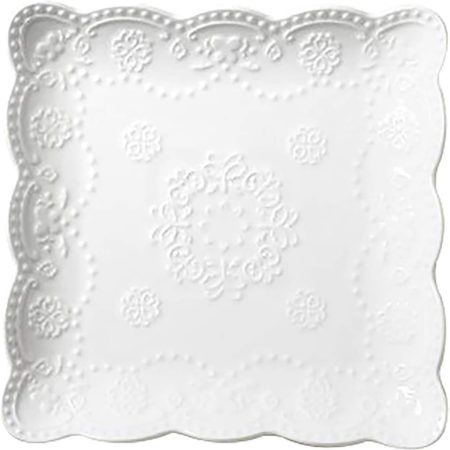 Elegant Square Embossed Lace Plate Bone China Dessert Plate Ceramic Plate for Breakfast Afternoon Tea (White, 6-inch)