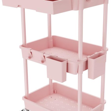 3 Tier Rolling Utility Cart with Drawer,Storage Cart,Rolling Cart for Kitchen,Bathroom,Living Room,Storage Organizer with Iron Wheels??Pink