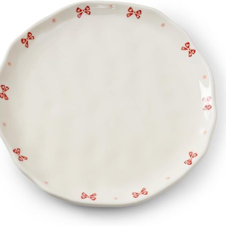 Floral Ceramic Dinner Plates, 8" Microwave Safe Dishes for Pasta, Modern Rustic Appetizer Plate for Salad Fruits Dessert Cake (Pink Bow)