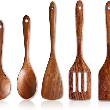 5 Pcs Best Wooden Spoons for Cooking Kitchen Utensils Set Acacia Wood Cooking Spatula Turner Non Toxic Utensil Slotted Serving Spoon Flat Spatulas Set Wooden Utensis Mixing Cooking Spoon Kitchen Tools