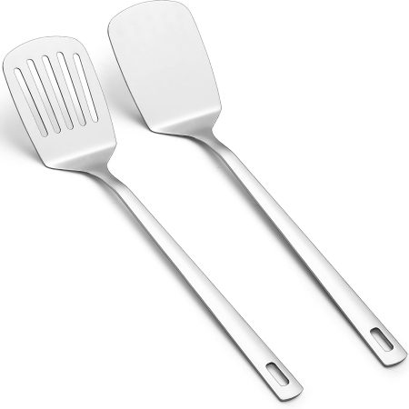 Stainless Steel Spatulas Set, Silver Slotted Turner, Solid Turner, Kitchen Spatulas for Nonstick Cookware, Dishwasher Safe, Easy to Clean
