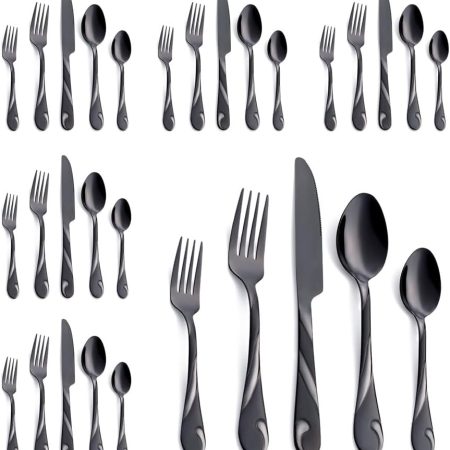 Black Silverware Set for 6, 30-Piece Stainless Steel Flatware Set, Shiny Black Metal Cutlery Set, Include Fork, Knife and Spoon Set, Dishwasher Safe
