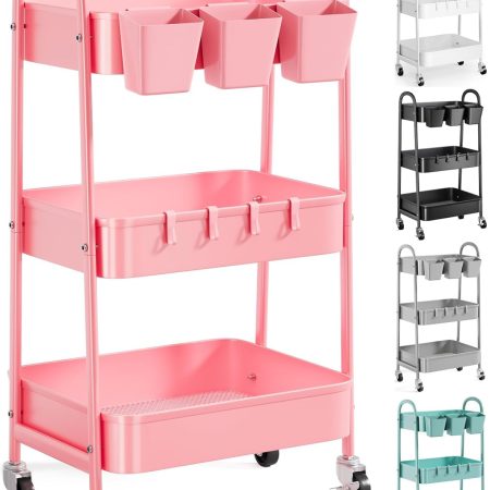 3 Tier Metal Rolling Cart with Lockable Wheels and Handle, Three Tiered Pink Trolley Cart on Wheels, Utility Storage Organizer for Bathroom, Kitchen, Teachers, Art, Crafts, Baby Diaper, Snack, Nail
