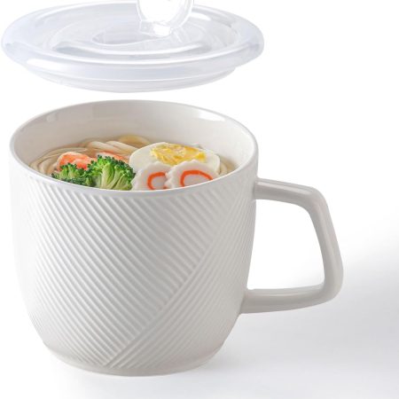 Ceramic Soup Bowl with Lid & Handle: 32 oz Microwave Safe Food Container for Ramen Noodles Cereal Leftovers - Extra Large Mugs for Breakfast Lunch Picnic Camping - White, Set of 1