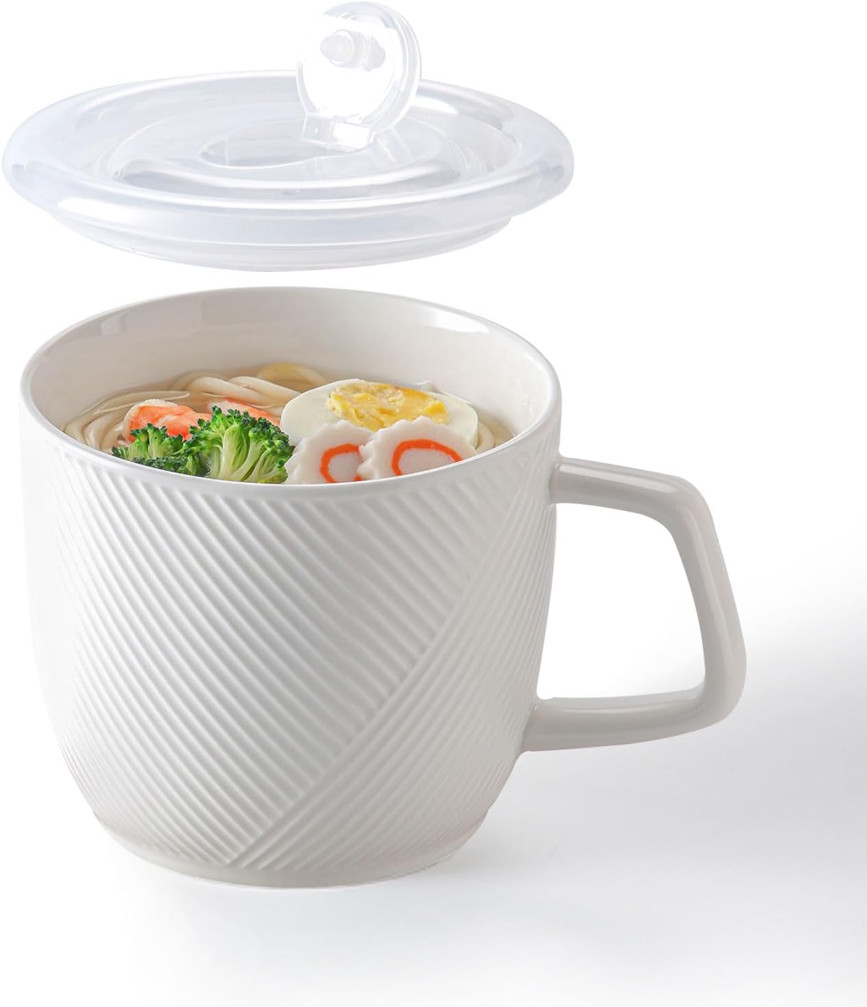 Ceramic Soup Bowl with Lid & Handle: 32 oz Microwave Safe Food Container for Ramen Noodles Cereal Leftovers - Extra Large Mugs for Breakfast Lunch Picnic Camping - White, Set of 1