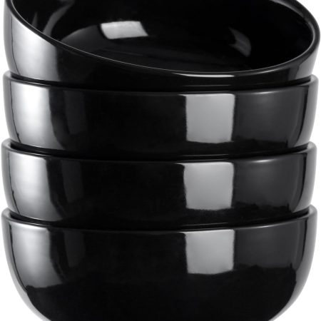 22 OZ Ceramic Soup Bowls & Cereal Bowls - 6" Classic Bowls Set of 4 for Soup, Cereal, Oatmeal, Fruit, Rice - Dishwasher & Microwave Safe (Black)