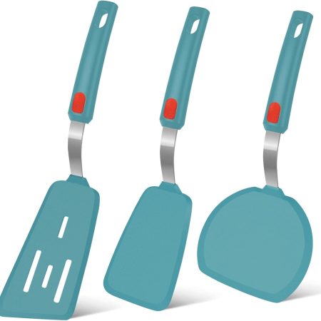 Silicone Spatula Turner Set of 3, 600??F Heat Resistant Nonstick Turner Spatulas for Kitchen Use, Large Flexible Silicone Cooking Utensils Rubber Spatula Set for Egg, Pancake, Fish (Blue)
