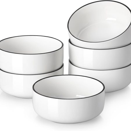 24 OZ Cereal Bowls,  Soup Oatmeal Bowls Set of 6, White Kitchen Ceramic Serving Bowl wtih Black Rim, Dishwasher Microwave Oven Safe, White, Series