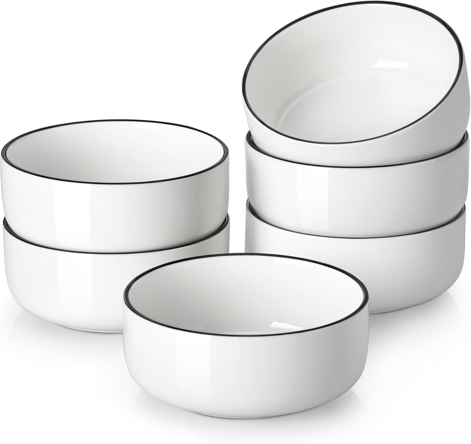 24 OZ Cereal Bowls, Soup Oatmeal Bowls Set of 6, White Kitchen Ceramic Serving Bowl wtih Black Rim, Dishwasher Microwave Oven Safe, White, Series