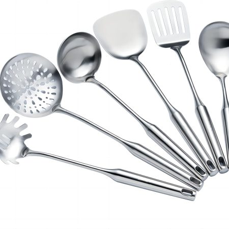 Cooking Utensils Set Stainless Steel Kitchen Metal Serving Utensils Set of 6 Pcs-Wok Spatula Ladle Set, Slotted Skimmer, Pasta Server, Serving Spoon, Slotted Spatula Tunner,Dishwasher Safe