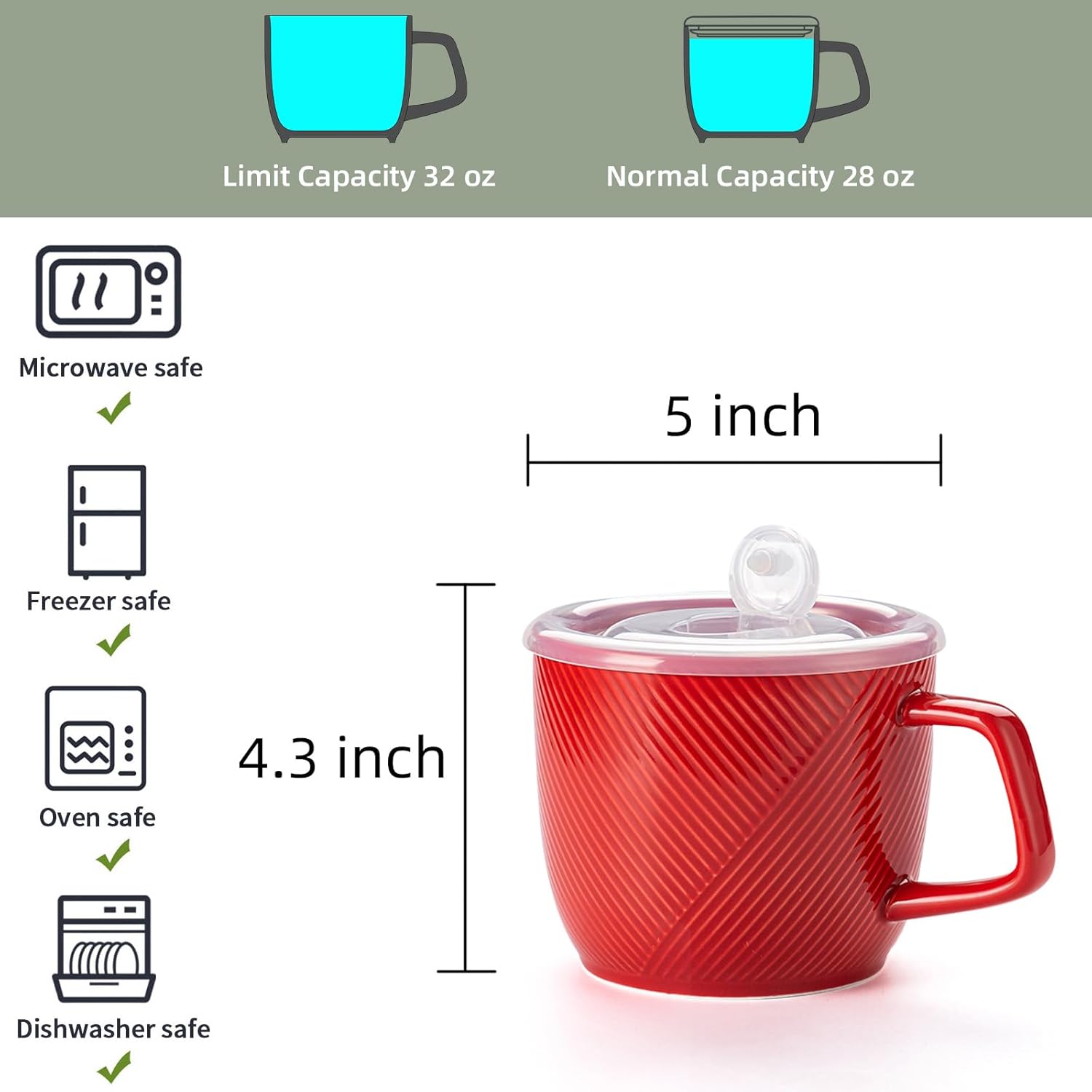 Ceramic Soup Bowl with Lid & Handle: 32 oz Microwave Safe Food Container for Ramen Noodles Cereal Leftovers - Extra Large Mugs for Breakfast Lunch Picnic Camping - Red, Set of 1