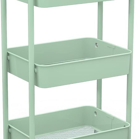 3-Tier Rolling Metal Storage Organizer - Mobile Utility Cart, Kitchen Cart with Caster Wheels (Aqua Green)