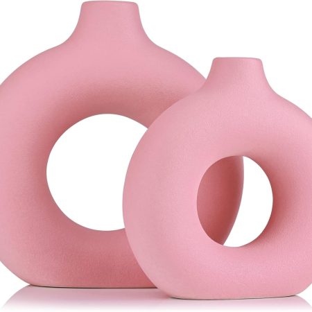 Pink Vase Decor Donut Vase Set of 2 - Circle Hollow Vases, Modern Matte Ceramic Vases for Entryway Living Room Bedroom Dining Table Centerpiece Office Home Decor