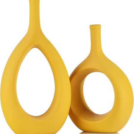Yellow Ceramic Vase Set 2,Modern Hollow Circle with Hole Flower Vase for Home Decor,for Table Centerpieces,Farmhouse,Fire Place,Living Room,Bedroom,Office,Bookshelf,Rustic Decor