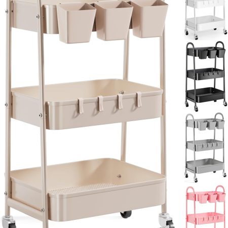 3 Tier Khaki Metal Utility Rolling Cart, Storage Cart with Handle and Lockable Wheels, Multifunctional Organizer Trolley with Mesh Storage Baskets for Kitchen, Office, Living Room, Laundry, Garage