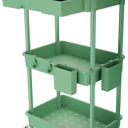3 Tier Rolling Utility Cart with Drawer,Rolling Storage Cart,Storage Cart for Kitchen,Bathroom,Living Room, Organizer with Iron Wheels(Green)