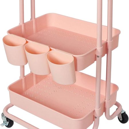 3 Tier Pink Rolling Cart with Table Top, Utility Carts with Organzier Cups & Hooks, Multi-Functional Rolling Table Cart with Wheels, Metal Frame with Plasitc Trays, Storage Carts for Office,Classroom