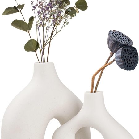 White Ceramic Vase Set of 2 - Minimalist Nordic Style, Matte Donut Vases for Pampas Grass, Ceramic Hollow Donut Vase Decor, Flower Vases for Living Room Wedding Coffee Table Bookshelf Office Decor