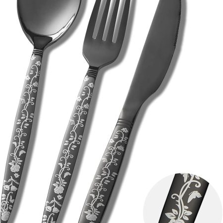 12-Piece Black Silverware Set, Flower Pattern Fancy Knife, Spoons and Forks, Stainless Steel Flatware Cutlery, Serving Utensil Set With Steak Knives, Forks and Spoons