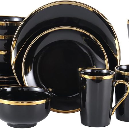 Modern Porcelain 16 Piece Black and Gold Dinnerware Set, Plates and Bowls Set,Dish set for 4, Black and Golden Rim.