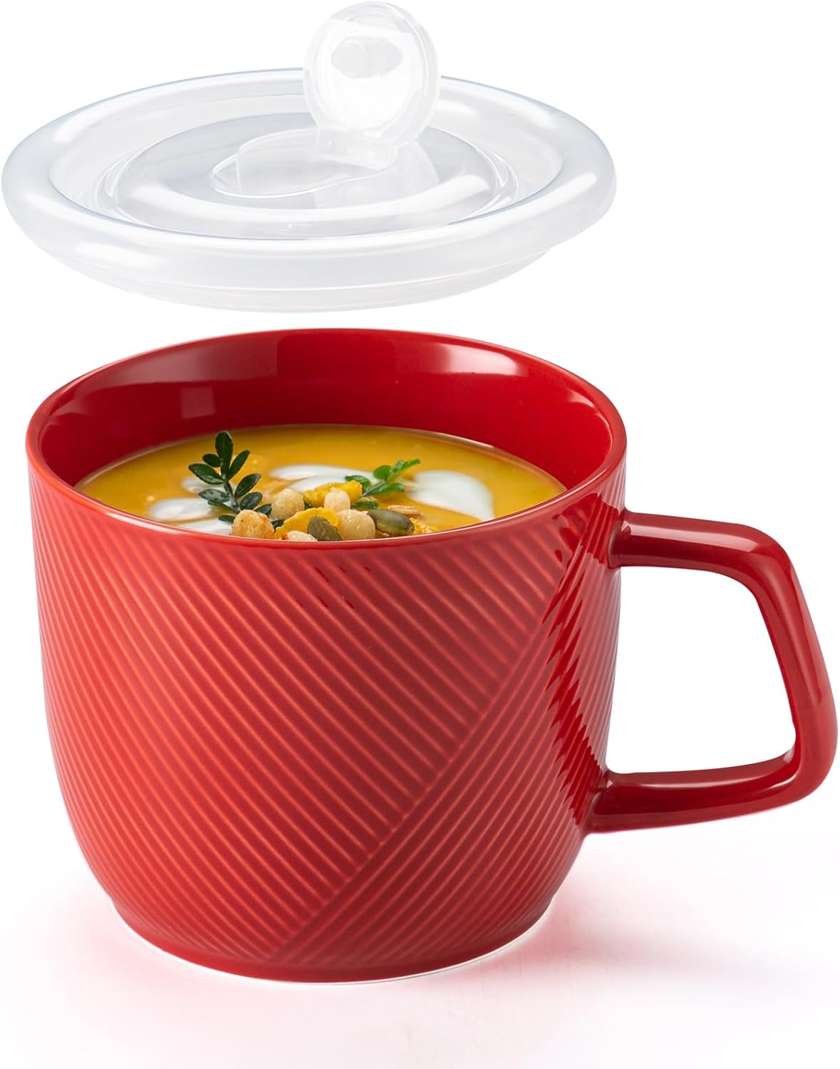 Ceramic Soup Bowl with Lid & Handle: 32 oz Microwave Safe Food Container for Ramen Noodles Cereal Leftovers - Extra Large Mugs for Breakfast Lunch Picnic Camping - Red, Set of 1
