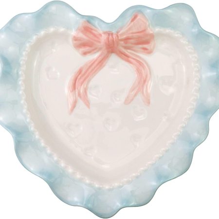 Lovely Ceramic Heart Shaped Dessert Plate Wavy Lace Plate for Kitchen Party Decoration (Blue)