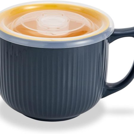 Ceramic Soup Bowl with Handle 32oz ?C Microwave Ramen Bowl with Lid, Soup Mugs & Cups for Cereal, Oatmeal, Ramen, Instant Noodle, Soup Container with Lid - (Gray)