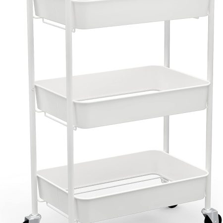 3-Tier Rolling Metal Storage Organizer - Mobile Utility Cart Kitchen Cart with Caster Wheels, White