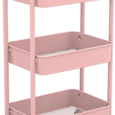3-Tier Rolling Metal Storage Organizer - Mobile Utility Cart with Caster Wheels, Pink