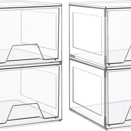 4 Pack Stackable Makeup Organizer,4.4'' Tall Acrylic Bathroom Organizer and Storage Drawers, Clear Plastic Drawer Storage Bins For Vanity, Undersink, Cabinets, Pantry