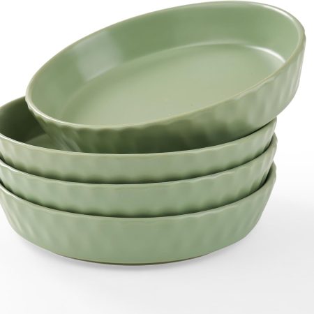Dinner Plates Set of 4, 8 Inch Ceramic Salad Plates With High Rim for Pasta, Salad, Steak and Main Course, Microwave, Oven and Dishwasher Safe - Green