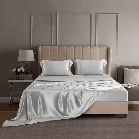 100% Mulberry Silk Bedding Set - 4-Piece Luxury (2 Pillowcases, 1 Fitted Sheet, 1 Flat Sheet) - 6A Grade Natural Silk (Light Grey, California King)