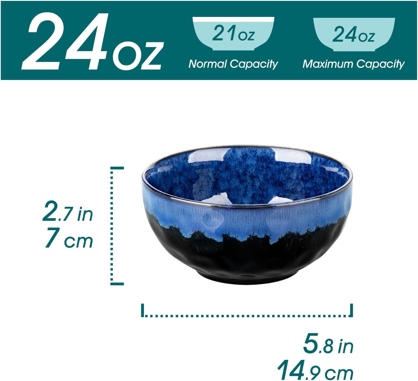 24oz Bowls for Soup, Ceramic Soup Bowls Set of 4, Blue Cereal Bowls Set for Kitchen, Salad Bowls Set, Pasta Oatmeal Bowls, Lead-free, Dishwasher & Microwave Oven Safe, Blue