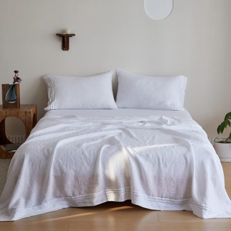 100% Linen Sheet Set 4 Pieces Natural France Flax Bed Sheet (1 Flat Sheet, 1 Fitted Sheet, 2 Pillowcases) Breathable Luxury Hotel Bedding - Embroidery White, King Size