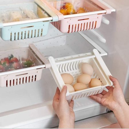 Fridge Drawer Organize,4 Pack Retractable Refrigerator Storage Box,Adjustable Kitchen Organizer With Pull Out Rack Box,Fit for Shelf Under 0.6 inch Thick, Blue,White,Grey,Pink