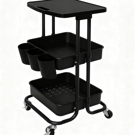 3 Tier Rolling Cart with Table Top, Black Metal Utility Storage Organizer Carts with Hanging Cups and Hooks, Multifunctional Mobile Cart with Casters for Small Spaces, Classroom,Offices,Dorm