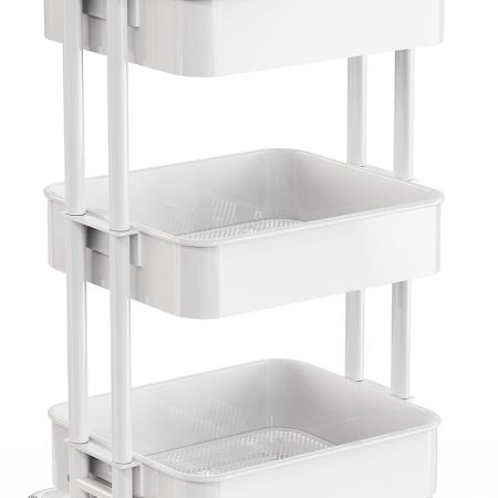 3 Tier Mesh Utility Cart, Rolling Metal Organization Cart with Handle and Lockable Wheels, Multifunctional Storage Shelves for Kitchen Living Room Office White