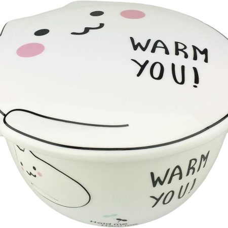 Big Capacity 24oz 3D Cute Cartoon Microwave Ceramic Soup Cat Bowl Instant Noodle Bowl Cereal Bowl for Salad Fruit Vegetable with Ceramic Kitty Cat Lid and Handles (White A)