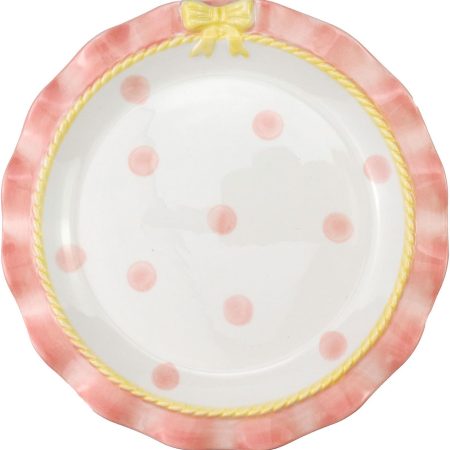 Cute Ceramic Plate Pink Dot Lovely Wavy Lace Ceramic Plate with Bow Porcelain Dessert Plate (Pink-8 Inch)
