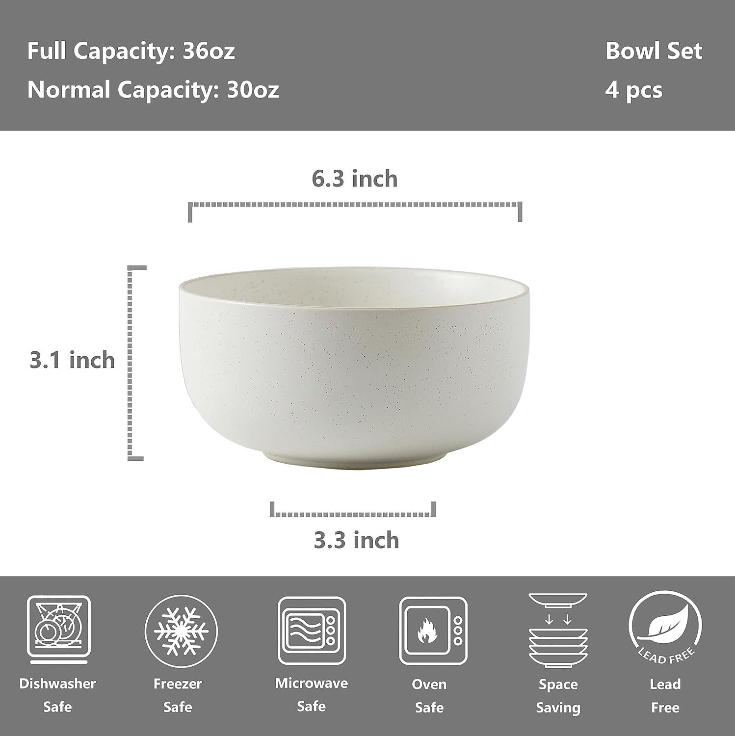 Ceramic Bowls for Kitchen, 36 Ounce, Large Capacity Cereal Bowls Set of 4, For Soup, Oatmeal, Breakfast, Microwave and Dishwasher Safe, Glazed Matte Off White??