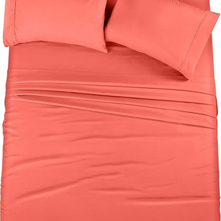 Queen Bed Sheets Set - 4 Piece Bedding - Brushed Microfiber - Shrinkage and Fade Resistant - Easy Care (Queen, Coral)