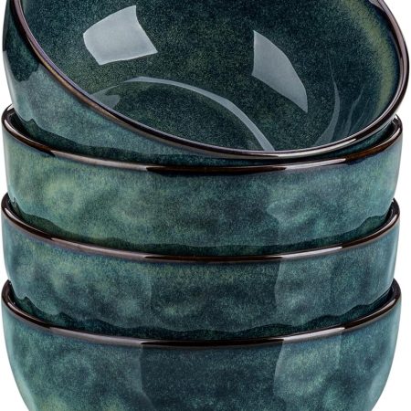24oz Bowls for Soup, Ceramic Deep Soup Bowls Set of 4, Green Cereal Bowls Set for Kitchen, Salad Bowls Set, Pasta Oatmeal Bowls, Lead-free, Dishwasher & Microwave Oven Safe