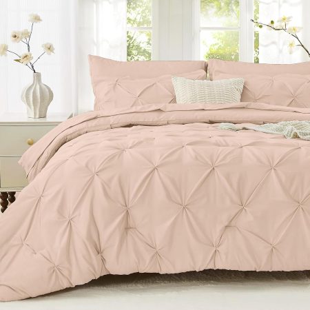 Queen Comforter Set, 7-Piece Bed in a Bag, Pintuck Bedding Sets for All Season, Includes Comforter, Flat Sheet, Fitted Sheet, Pillowcases and Pillowshams, Blush Pink