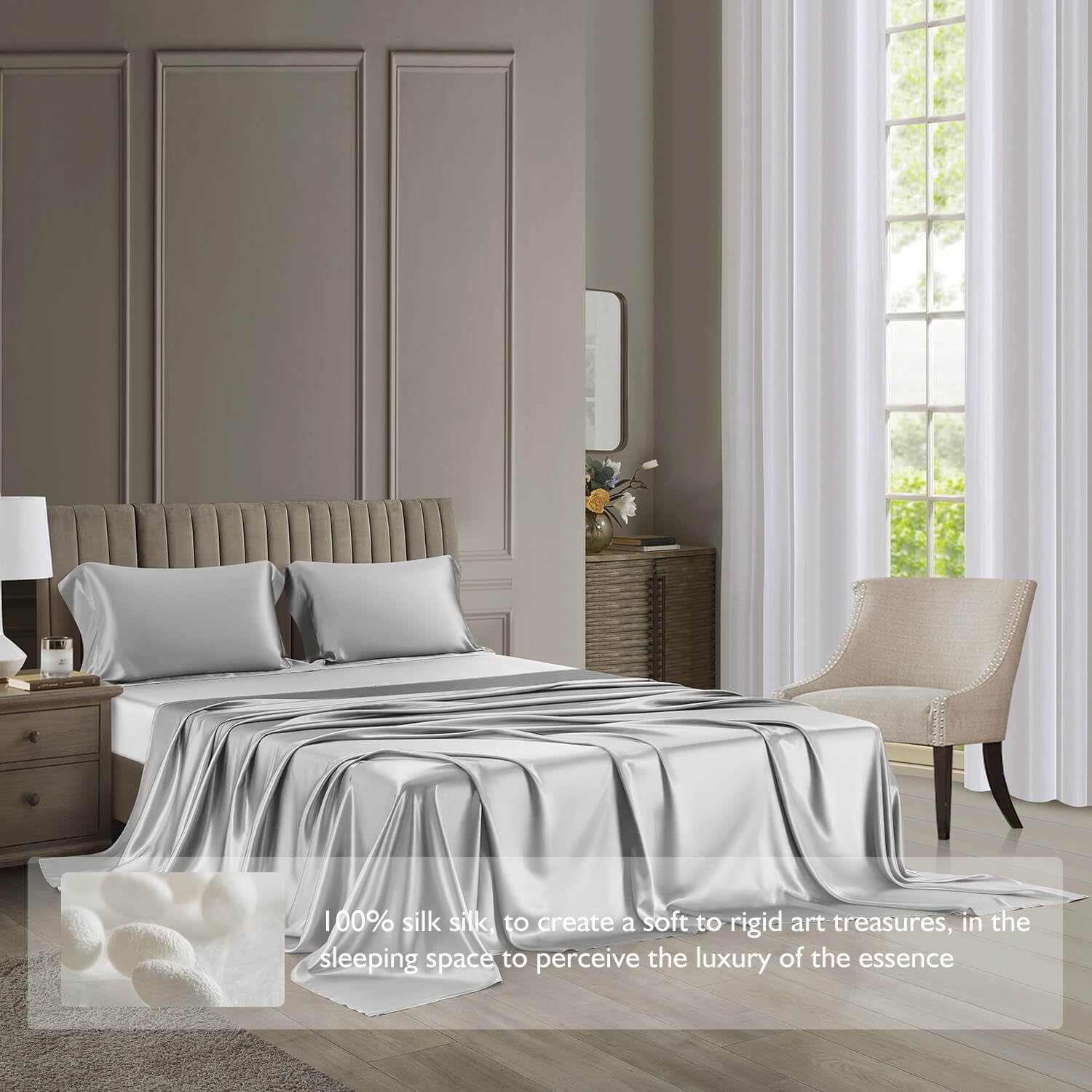 100% Mulberry Silk Bedding Set - 4-Piece Luxury (2 Pillowcases, 1 Fitted Sheet, 1 Flat Sheet) - 6A Grade Natural Silk (Light Grey, California King)