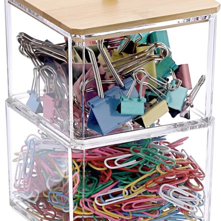 Clear Stackable Paper Clip Holder with Bamboo Lid 2-Layer Paperclip Box Thick Acrylic Office Supply Accessory Organizer Square Small Storage Holder Cute Qtip Holder for Office Bathroom Vanity